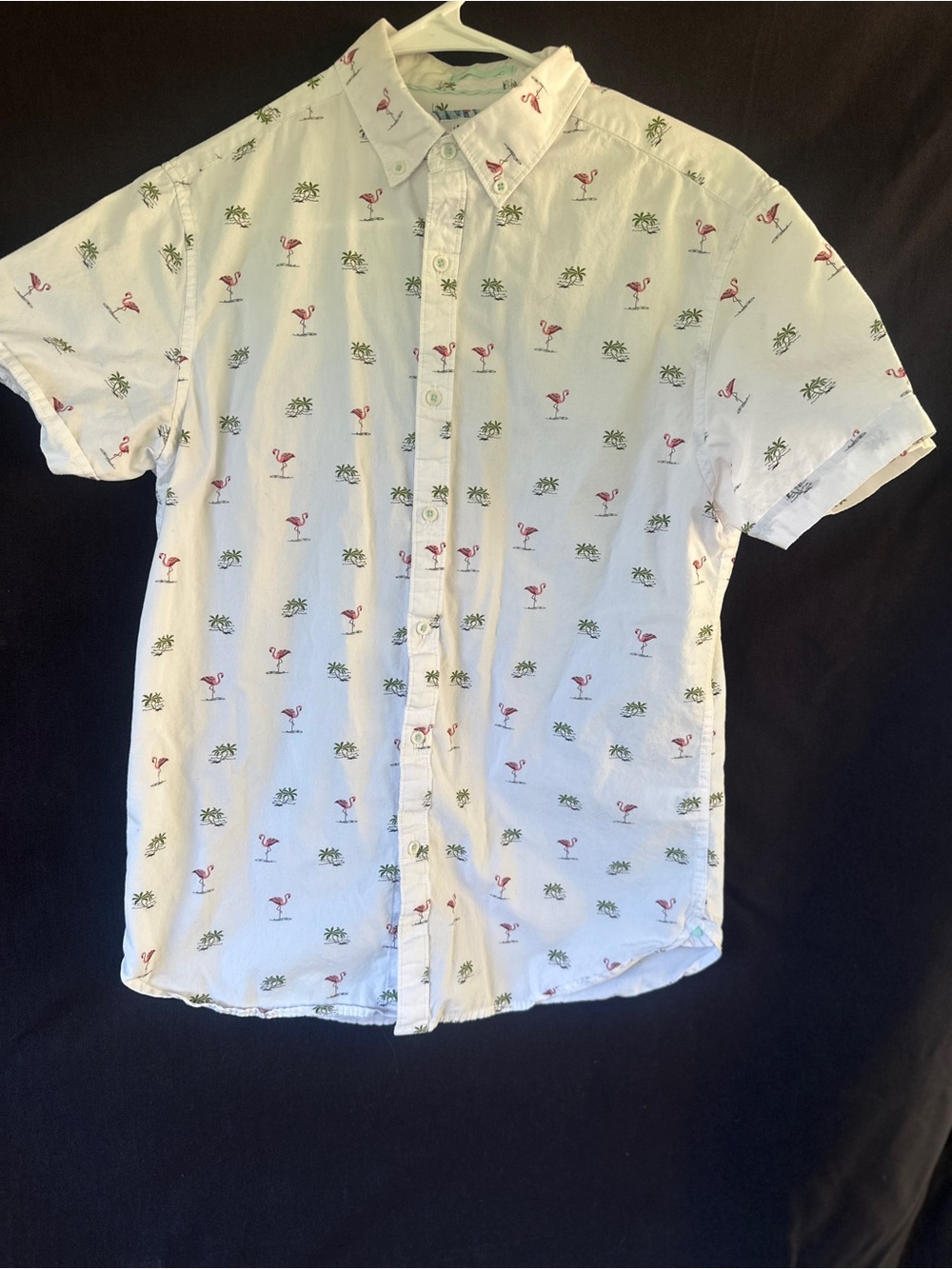 Denim & Flower White Short-Sleeve Button-Down Shirt with Pink Flamingo Print